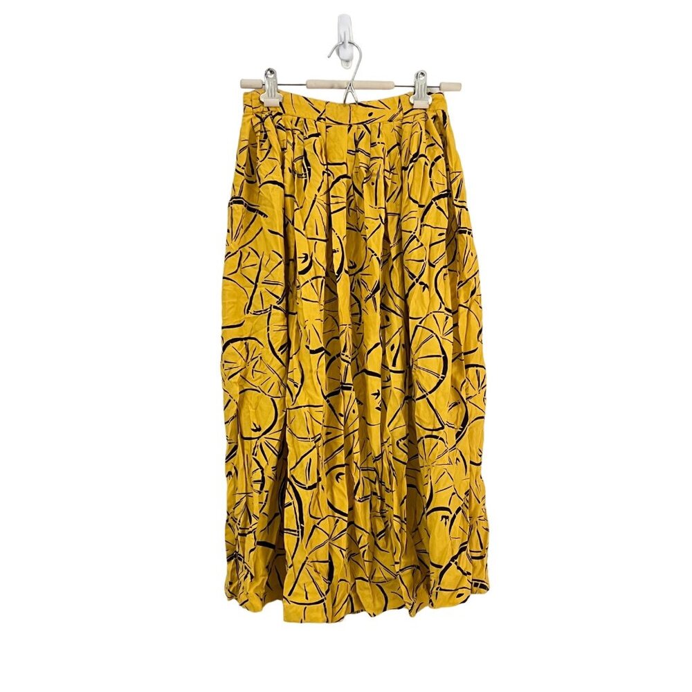 Vintage John Henry Womens Yellow Black Citrus Print Button Front Midi Skirt 10